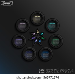 Vector infographic design with colorful circle on the black background. Business concept. 7 options, parts, steps. Can be used for graph, diagram, chart, workflow layout, number options, web
