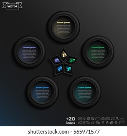 Vector infographic design with colorful circle on the black background. Business concept. 5 options, parts, steps. Can be used for graph, diagram, chart, workflow layout, number options, web