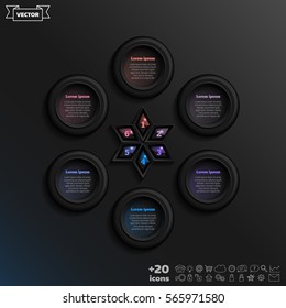 Vector infographic design with colorful circle on the black background. Business concept. 6 options, parts, steps. Can be used for graph, diagram, chart, workflow layout, number options, web