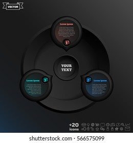 Vector infographic design with colorful circle on the black background. Business concept. 3 options, parts, steps. Can be used for graph, diagram, chart, workflow layout, number options, web