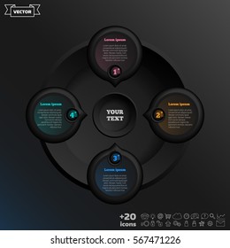 Vector infographic design with colorful circle on the black background. Business concept. 4 options, parts, steps. Can be used for graph, diagram, chart, workflow layout, number options, web
