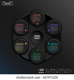 Vector infographic design with colorful circle on the black background. Business concept. 6 options, parts, steps. Can be used for graph, diagram, chart, workflow layout, number options, web