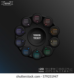 Vector infographic design with colorful circle on the black background. Business concept. 10 options, parts, steps. Can be used for graph, diagram, chart, workflow layout, number options, web