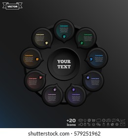 Vector infographic design with colorful circle on the black background. Business concept. 9 options, parts, steps. Can be used for graph, diagram, chart, workflow layout, number options, web