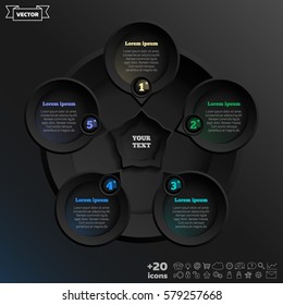 Vector infographic design with colorful circle on the black background. Business concept. 5 options, parts, steps. Can be used for graph, diagram, chart, workflow layout, number options, web