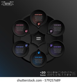 Vector infographic design with colorful circle on the black background. Business concept. 6 options, parts, steps. Can be used for graph, diagram, chart, workflow layout, number options, web