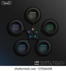 Vector infographic design with colorful circle on the black background. Business concept. 5 options, parts, steps. Can be used for graph, diagram, chart, workflow layout, number options, web