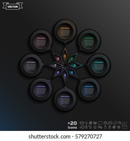 Vector infographic design with colorful circle on the black background. Business concept. 8 options, parts, steps. Can be used for graph, diagram, chart, workflow layout, number options, web