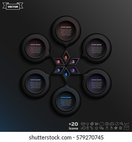 Vector infographic design with colorful circle on the black background. Business concept. 6 options, parts, steps. Can be used for graph, diagram, chart, workflow layout, number options, web