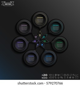 Vector infographic design with colorful circle on the black background. Business concept. 7 options, parts, steps. Can be used for graph, diagram, chart, workflow layout, number options, web