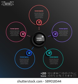 Vector infographic design with colorful circle on the black background. Business concept. 5 options, parts, steps. Can be used for graph, diagram, chart, workflow layout, number options, web