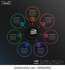 Vector infographic design with colorful circle on the black background. Business concept. 7 options, parts, steps. Can be used for graph, diagram, chart, workflow layout, number options, web