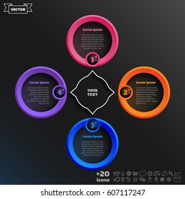 Vector infographic design with colorful circle on the black background. Business concept. 4 options, parts, steps. Can be used for graph, diagram, chart, workflow layout, number options, web