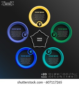 Vector infographic design with colorful circle on the black background. Business concept. 5 options, parts, steps. Can be used for graph, diagram, chart, workflow layout, number options, web