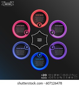 Vector infographic design with colorful circle on the black background. Business concept. 6 options, parts, steps. Can be used for graph, diagram, chart, workflow layout, number options, web
