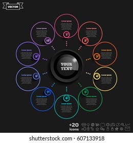 Vector infographic design with colorful circle on the black background. Business concept. 10 options, parts, steps. Can be used for graph, diagram, chart, workflow layout, number options, web