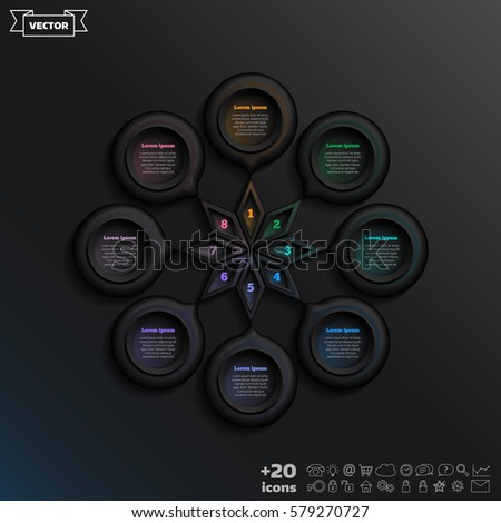 Vector infographic design with colorful circle on the black background. Business concept. 8 options, parts, steps. Can be used for graph, diagram, chart, workflow layout, number options, web