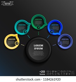 Vector infographic design with colorful circles on the black background. Business concept. 5 options, parts, steps. Can be used for graph, diagram, chart, workflow layout, number options, web