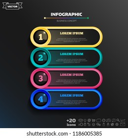 Vector infographic design with colorful circles on the black background. Business concept. 4 options, parts, steps. Can be used for graph, diagram, chart, workflow layout, number options, web