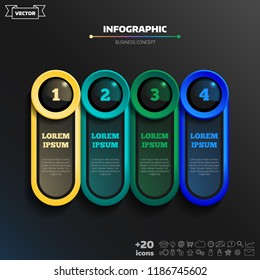 Vector infographic design with colorful circles on the black background. Business concept. 4 options, parts, steps. Can be used for graph, diagram, chart, workflow layout, number options, web