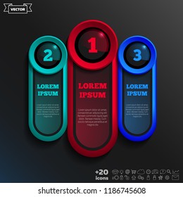 Vector infographic design with colorful circles on the black background. Business concept. 3 options, parts, steps. Can be used for graph, diagram, chart, workflow layout, number options, web