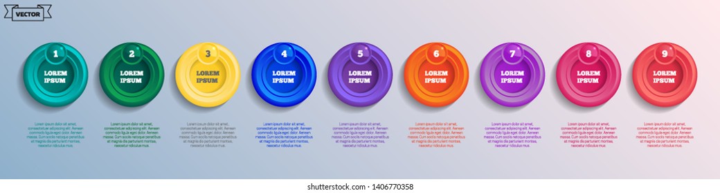 Vector infographic design with colorful circles. Business concept. 9 options, parts, steps. Can be used for graph, diagram, chart, workflow layout, number options, web