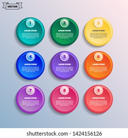Vector infographic design with colorful circles. Business concept. 9 options, parts, steps. Can be used for graph, diagram, chart, workflow layout, number options, web