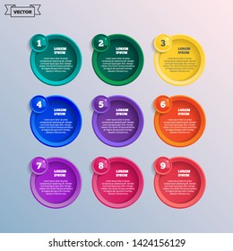Vector infographic design with colorful circles. Business concept. 9 options, parts, steps. Can be used for graph, diagram, chart, workflow layout, number options, web