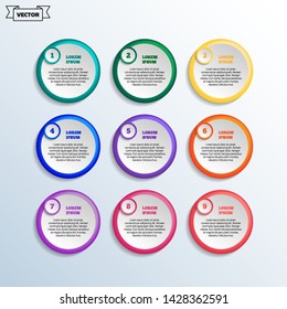 Vector infographic design with colorful circles. Business concept. 9 options, parts, steps. Can be used for graph, diagram, chart, workflow layout, number options, web