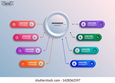 Vector infographic design with colorful circles. Business concept. 8 options, parts, steps. Can be used for graph, diagram, chart, workflow layout, number options, web