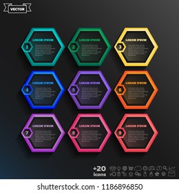 Vector infographic design with colorful hexagons on the black background. Business concept. 9 options, parts, steps. Can be used for graph, diagram, chart, workflow layout, number options, web