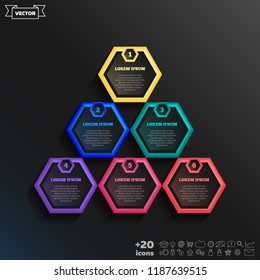 Vector infographic design with colorful hexagons on the black background. Business concept. 6 options, parts, steps. Can be used for graph, diagram, chart, workflow layout, number options, web