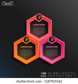Vector infographic design with colorful hexagons on the black background. Business concept. 3 options, parts, steps. Can be used for graph, diagram, chart, workflow layout, number options, web