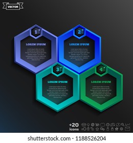 Vector infographic design with colorful hexagons on the black background. Business concept. 4 options, parts, steps. Can be used for graph, diagram, chart, workflow layout, number options, web