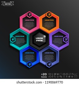 Vector infographic design with colorful hexagons on the black background. Business concept. 7 options, parts, steps. Can be used for graph, diagram, chart, workflow layout, number options, web
