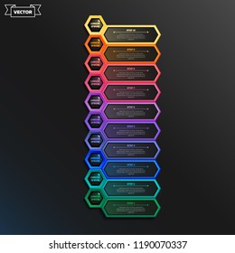 Vector infographic design with colorful hexagons on the black background. Business concept. 10 options, parts, steps. Can be used for graph, diagram, chart, workflow layout, number options, web