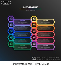 Vector infographic design with colorful hexagons on the black background. Business concept. 10 options, parts, steps. Can be used for graph, diagram, chart, workflow layout, number options, web