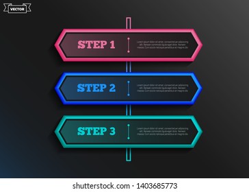 Vector infographic design with colorful hexagons on the black background. Business concept. 3 options, parts, steps. Can be used for graph, diagram, chart, workflow layout, number options, web