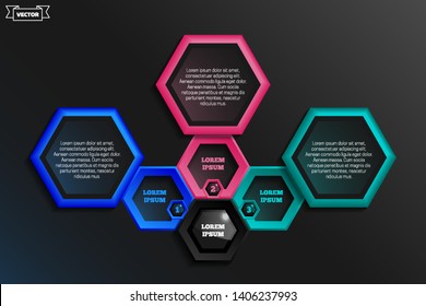 Vector infographic design with colorful hexagons on the black background. Business concept. 3 options, parts, steps. Can be used for graph, diagram, chart, workflow layout, number options, web