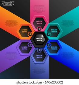Vector infographic design with colorful hexagons on the black background. Business concept. 6 options, parts, steps. Can be used for graph, diagram, chart, workflow layout, number options, web