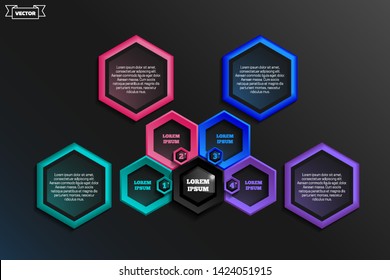 Vector infographic design with colorful hexagons on the black background. Business concept. 4 options, parts, steps. Can be used for graph, diagram, chart, workflow layout, number options, web