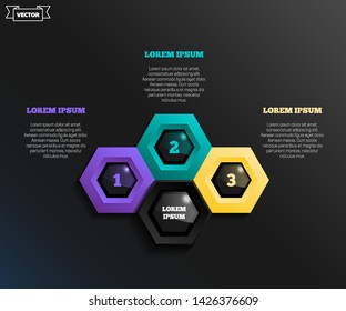 Vector infographic design with colorful hexagons on the black background. Business concept. 3 options, parts, steps. Can be used for graph, diagram, chart, workflow layout, number options, web