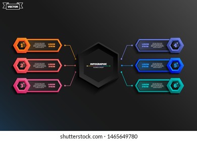 Vector infographic design with colorful hexagons on the black background. Business concept. 6 options, parts, steps. Can be used for graph, diagram, chart, workflow layout, number options, web