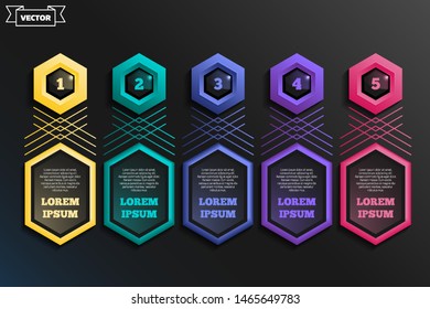 Vector infographic design with colorful hexagons on the black background. Business concept. 5 options, parts, steps. Can be used for graph, diagram, chart, workflow layout, number options, web