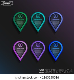 Vector infographic design with colorful pointer on the black background. Business concept. 6 options, parts, steps. Can be used for graph, diagram, chart, workflow layout, number options, web