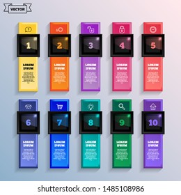 Vector infographic design with colorful square. Business concept. 10 options, parts, steps. Can be used for graph, diagram, chart, workflow layout, number options, web