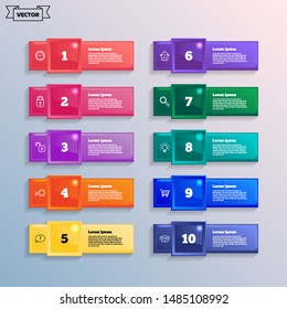 Vector infographic design with colorful square. Business concept. 10 options, parts, steps. Can be used for graph, diagram, chart, workflow layout, number options, web