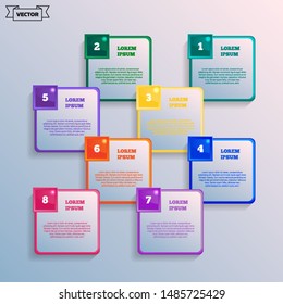Vector infographic design with colorful square. Business concept. 8 options, parts, steps. Can be used for graph, diagram, chart, workflow layout, number options, web