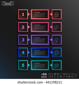 Vector infographic design with colorful square on the black background. Business concept. 5 options, parts, steps. Can be used for graph, diagram, chart, workflow layout, number options, web