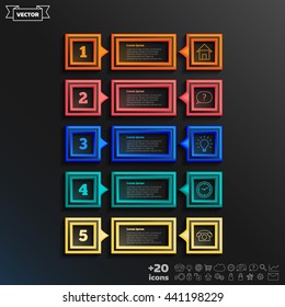 Vector infographic design with colorful square on the black background. Business concept. 5 options, parts, steps. Can be used for graph, diagram, chart, workflow layout, number options, web